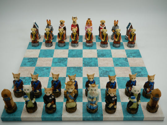 Chess Set Worldwise: Figurine - Cats & Dogs on Turquoise & Cream Leatherette Board