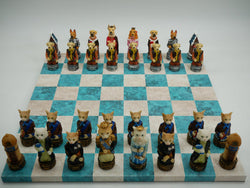 Chess Set Worldwise: Figurine - Cats & Dogs on Turquoise & Cream Leatherette Board