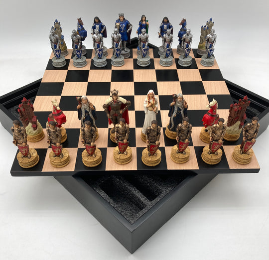 Chess Set King Arthur Resin Chessmen in Black/Maple Chest