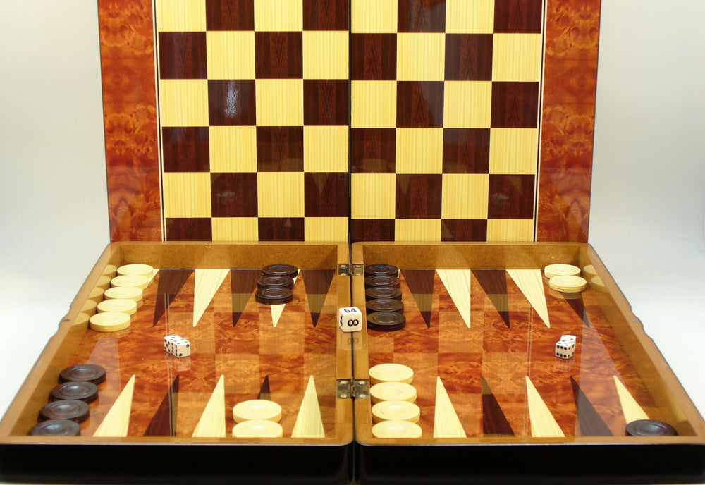 Backgammon Set/Chess Board 19" Burl Wood Decoupage