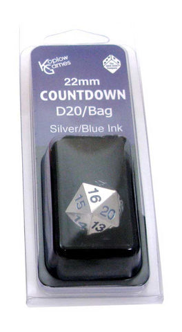 Dice D20 Countdown 22MM Metal with Bag Silver w/blue